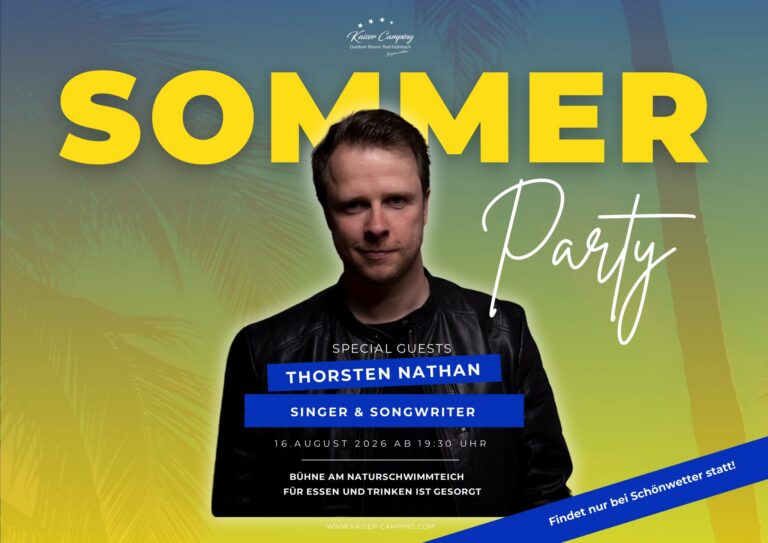 Sommer Party Thorsten Nathan Singer & Songwriter 16. August 2026 ab 19:30 Uhr Bühne am Naturschwimmteich Für Essen und Trinken ist gesorgt