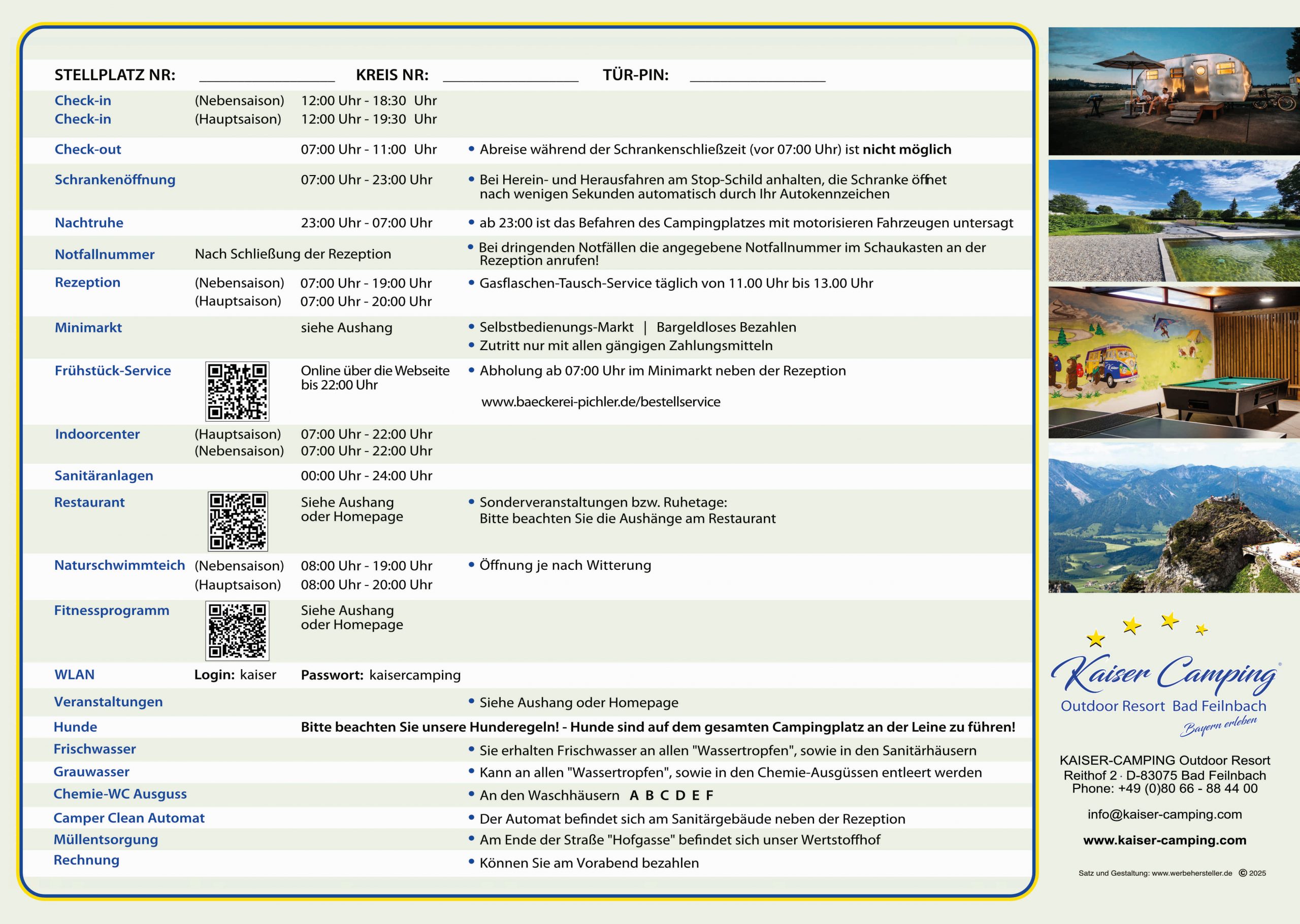 Infotafel des Kaiser Camping Outdoor Resorts Bad Feilnbach mit Betriebszeiten, Service-Hinweisen und Kontaktinformationen.