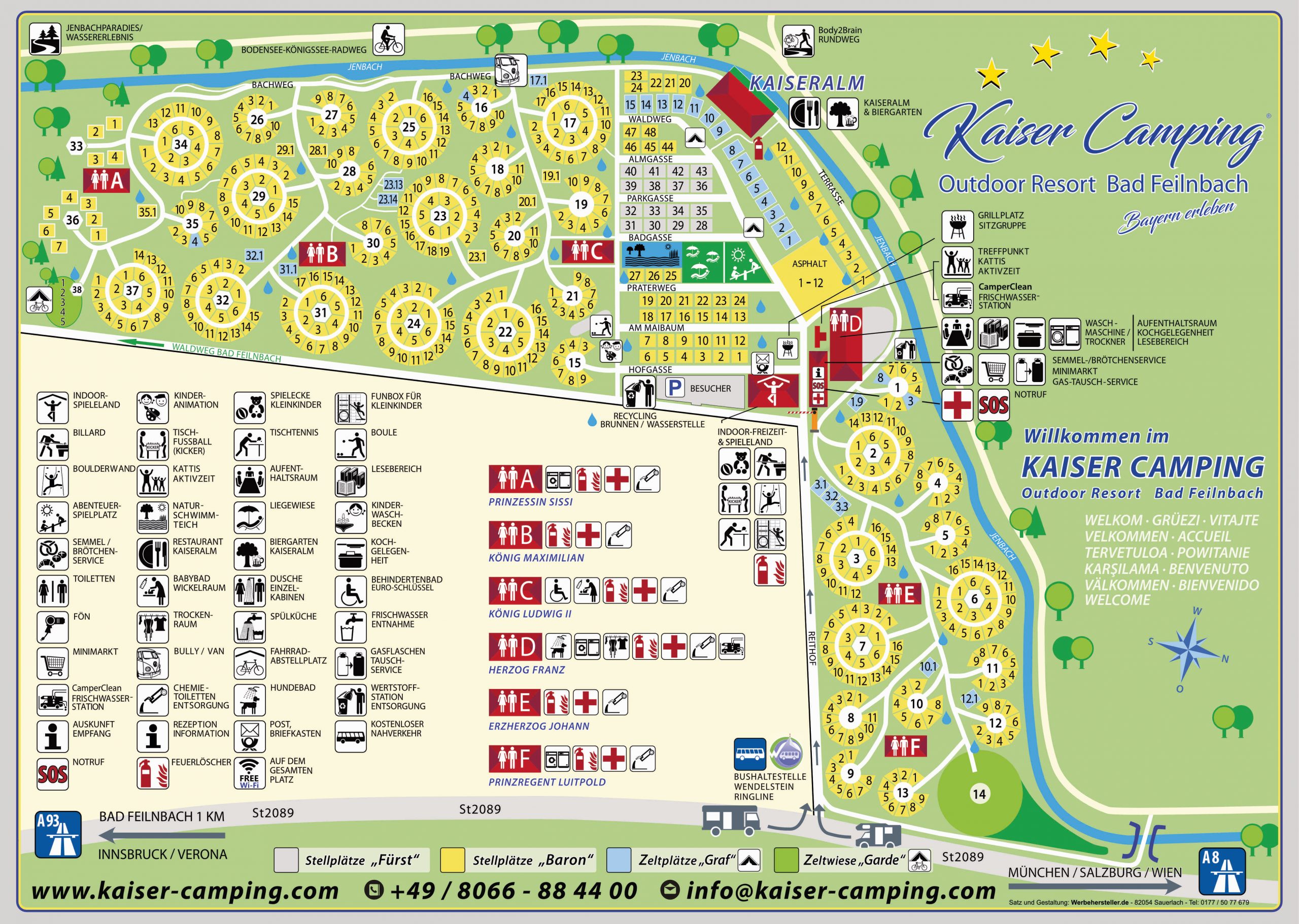 Lageplan des Kaiser Camping Outdoor Resorts Bad Feilnbach mit Stellplätzen, Wegen und Einrichtungen.