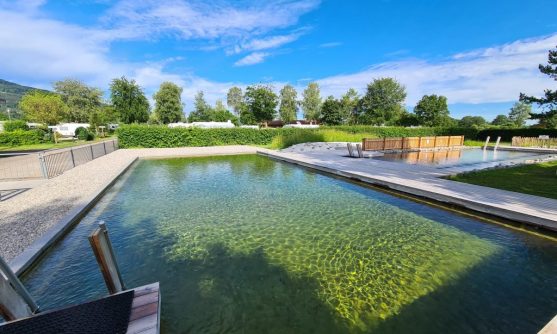 Erfrischung im biologischen Badeteich: Klares, grünlich schimmerndes Wasser und eine gepflegte Anlage laden zum Schwimmen unter freiem Himmel ein auf dem Campingplatz Kaiser Camping in Bad Feilnbach.